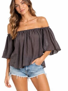 MIND CODE Off Shoulder Flowy Crop Top Charcoal Brown Flutter Sleeve Small